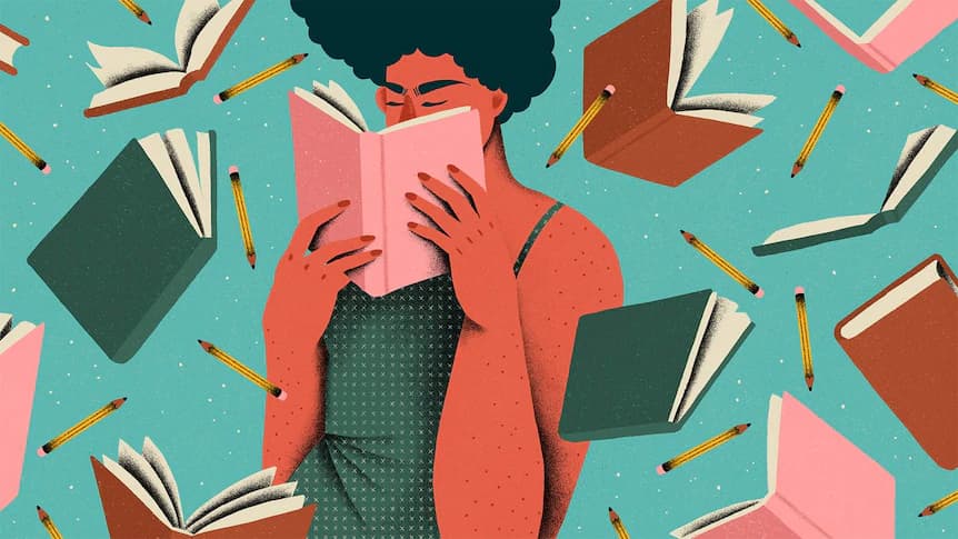 Imagem de pessoa lendo , com vários livros e lapis no entorno