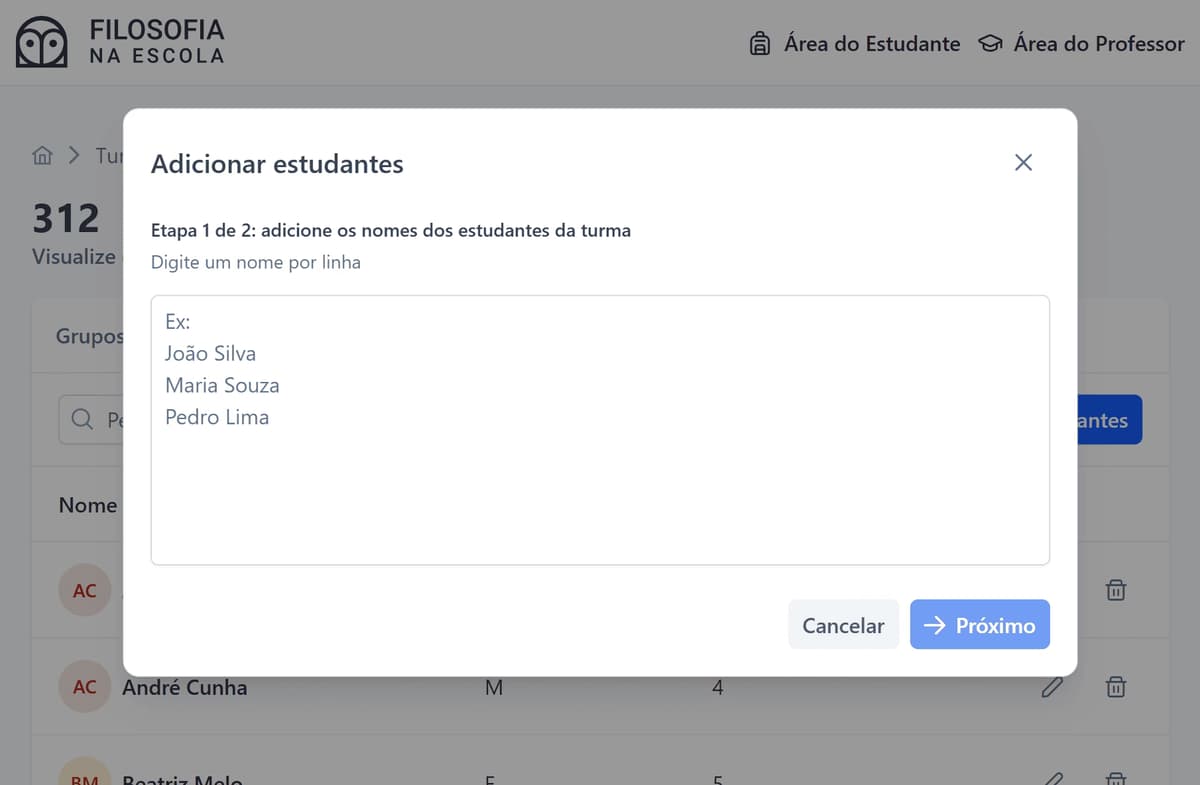 Tela para adicionar estudantes