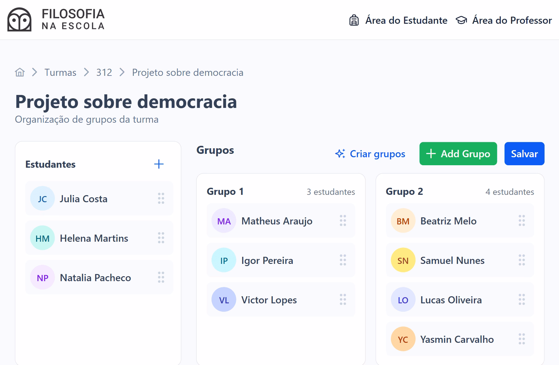 Tela para ajustar os grupos gerados