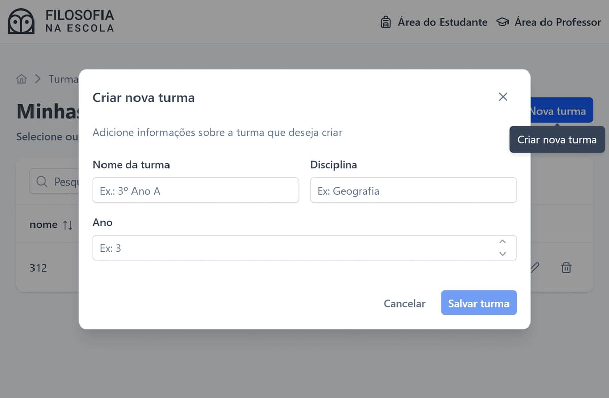 Tela para criar turmas