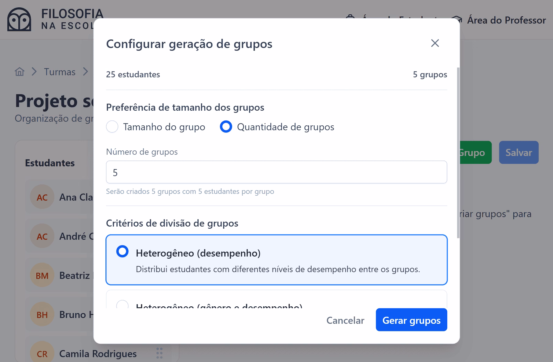 Tela para gerar grupos automaticamente