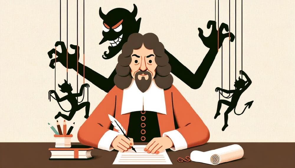 René Descartes, está sentado à mesa escrevendo com uma pena. Ao seu lado, figuras representam um gênio maligno. Uma delas tem um rosto sorridente e chifres, enquanto outras menores penduram-se em cordas.