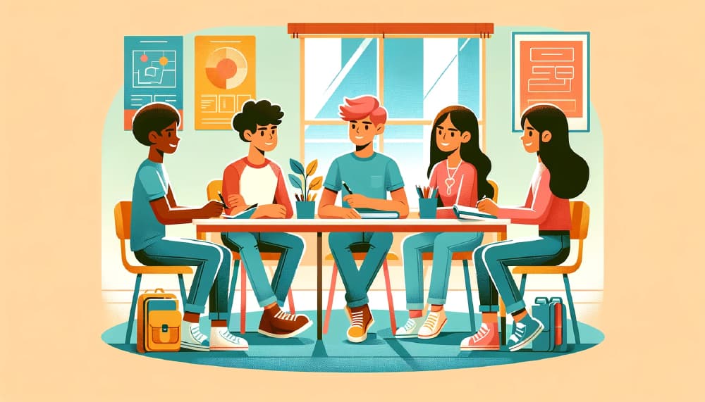 Trabalho em grupo com estudantes em sala de aula