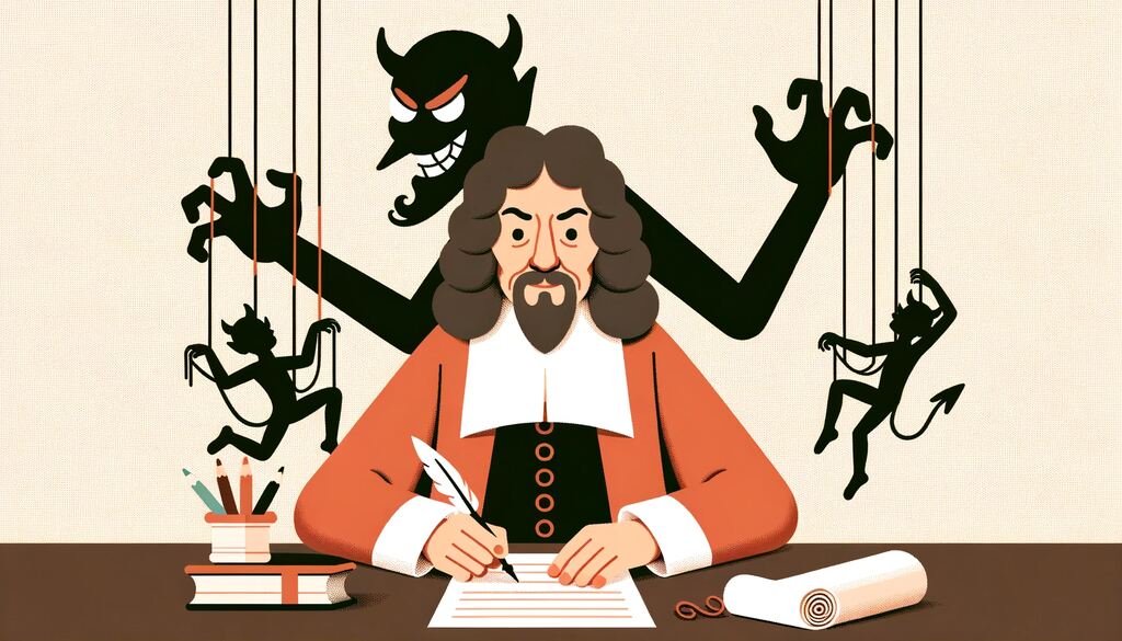 René Descartes, está sentado à mesa escrevendo com uma pena. Ao seu lado, figuras representam um gênio maligno. Uma delas tem um rosto sorridente e chifres, enquanto outras menores penduram-se em cordas.